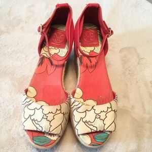 Tory Burch Sherri Red & Cream Floral Platform Ankle Strap Espadrilles - 10